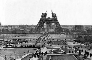 The Eiffel Tower, in midst of construction.